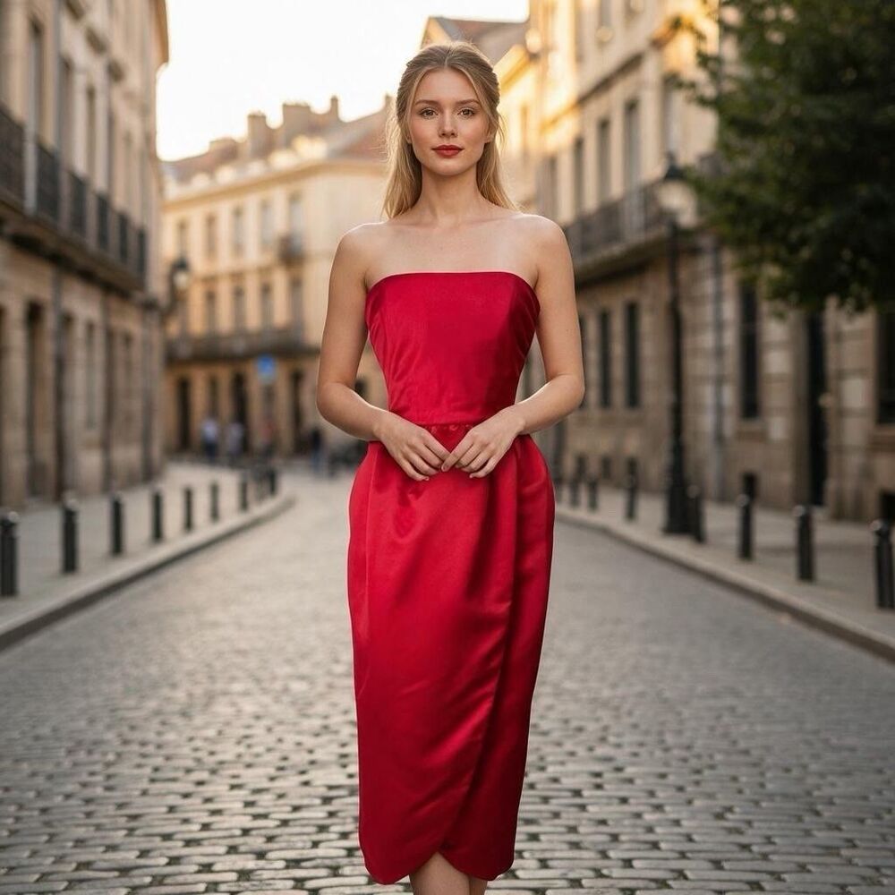 Vtg Lillie Rubin Red Satin Strapless Tulip Dress Old Hollywood Vampy Gown XS 80s